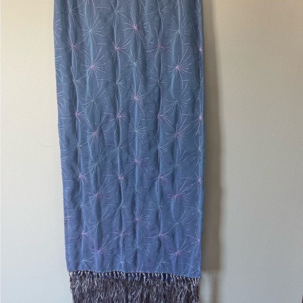 Chiffon Shawl Blue Embroidered Scarf Large Long Fringe